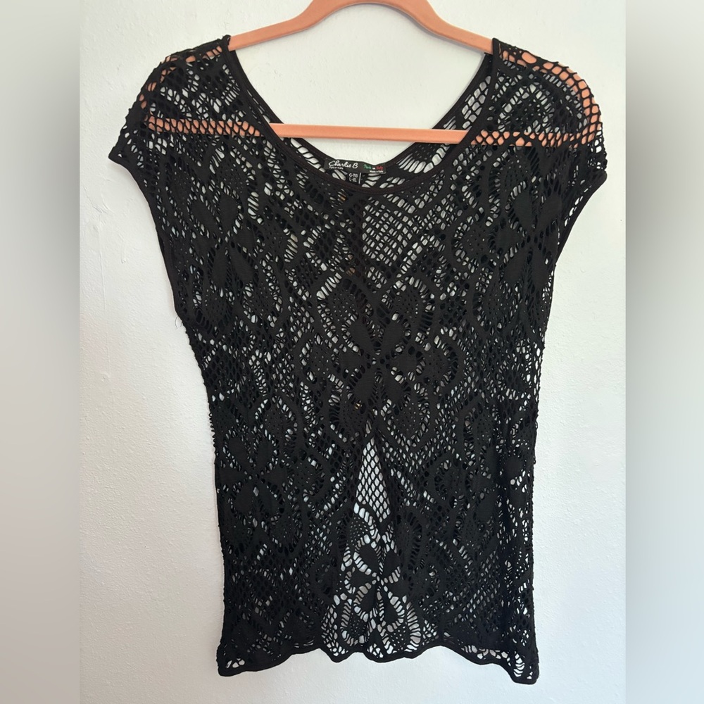 CHARLIE B Black Open Weave Top